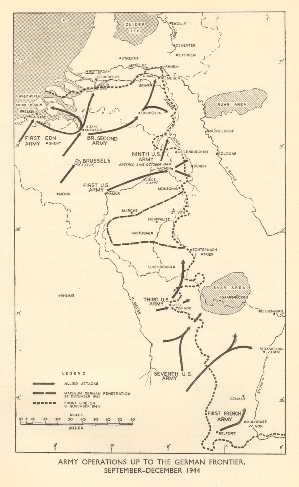 Army operations to German frontier September-December 1944. World War 2 1954 map